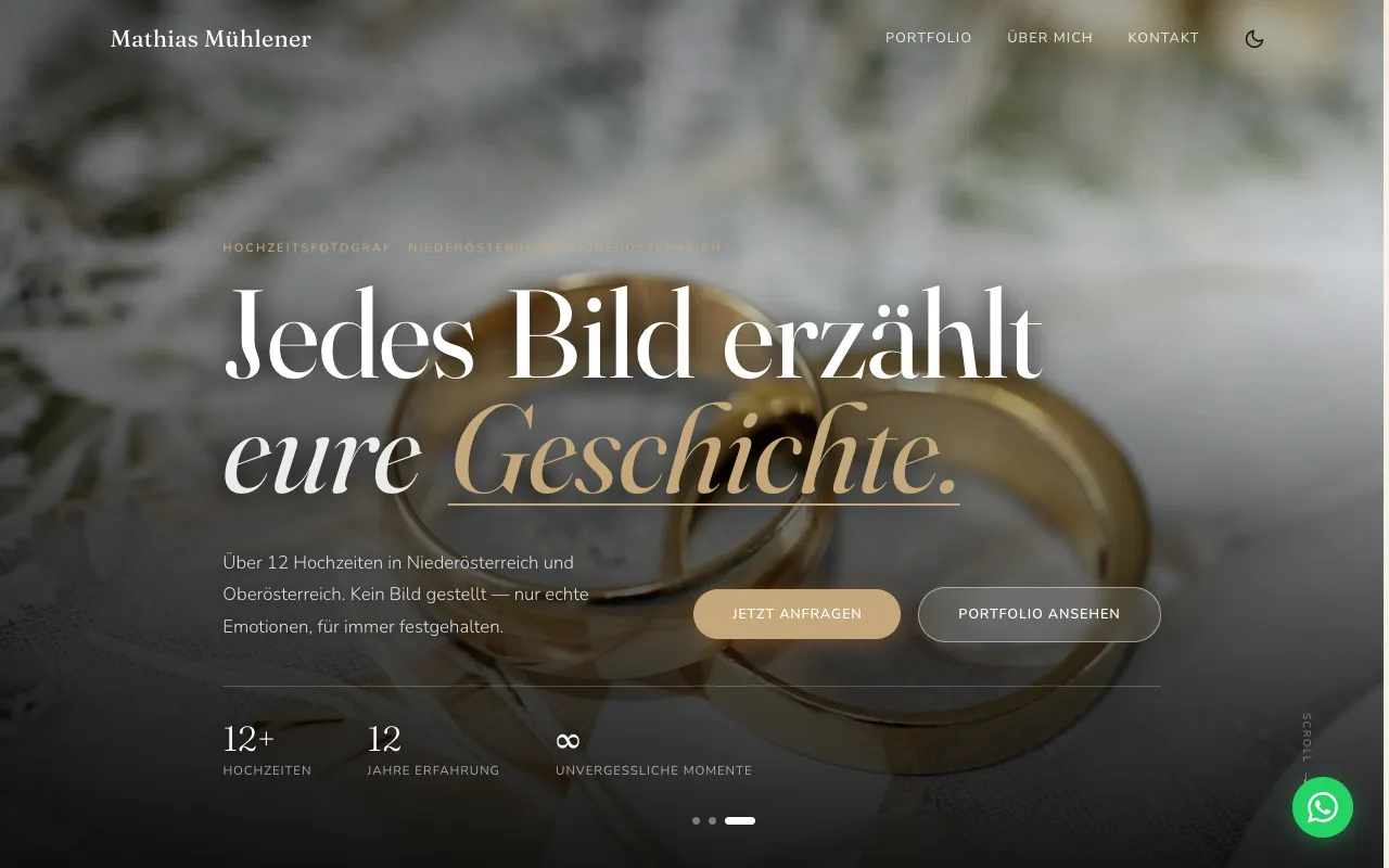 Startseite von Mathias Mühlener: großes Hochzeitsfoto mit Serifenüberschrift und zwei Schaltflächen